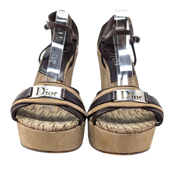 Christian Dior Monogram Strappy Wedge Sandals Brown Beige 39.5 - Picture 8 of 11